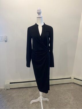 Ann Taylor Black Long-Sleeve Wrap-Front Midi Dress